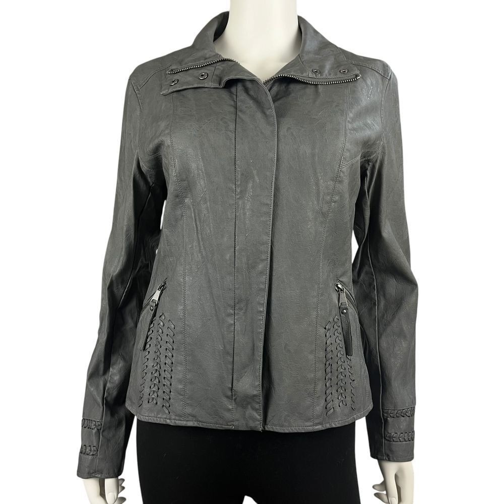 Kut From The Kloth Faux Leather Jacket Gray Whipstitch Moto Boho Western M